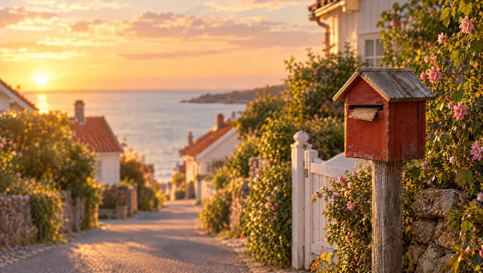 A red wooden mailbox with a letter from Finland, by a garden gate on a seaside street at sunset