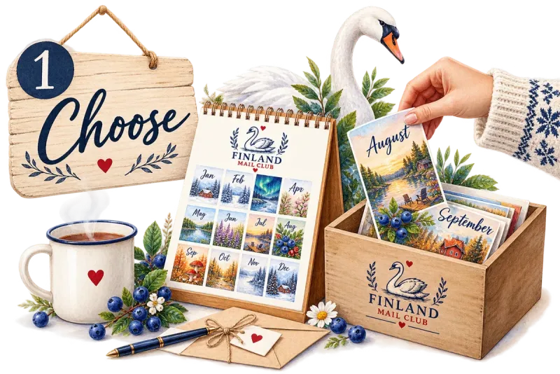 Illustration of a club calendar and a box of monthly postcards