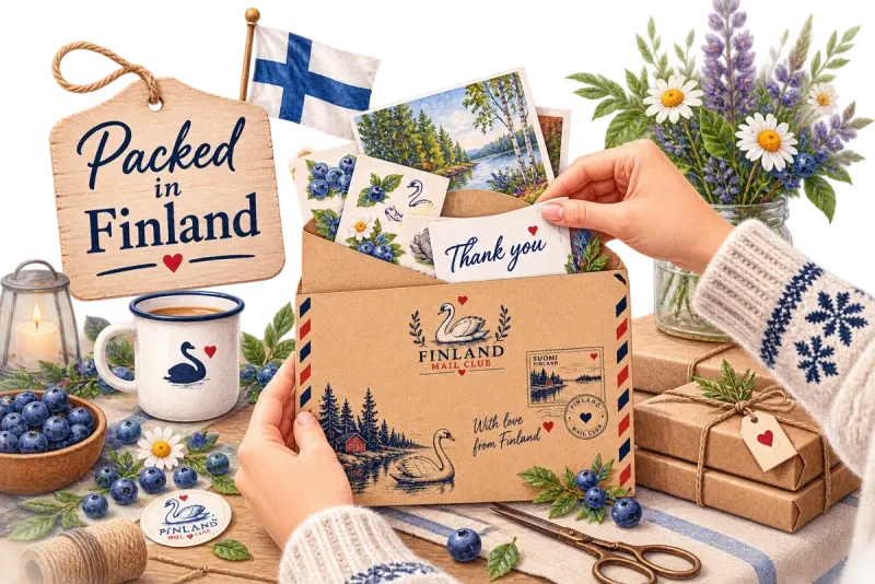 Illustration of hands in a knitted sweater packing a kraft envelope